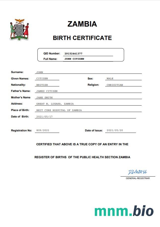 Zambia narodziny certyfikat Word i PDF szablon